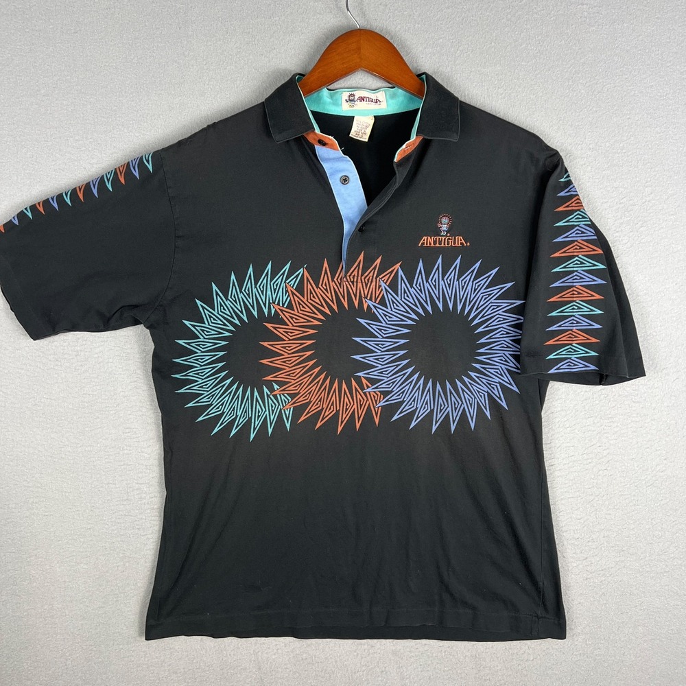 VTG Antigua Polo Shirt Mens L Black Geometric Southwestern Aztec SIngle Stitch